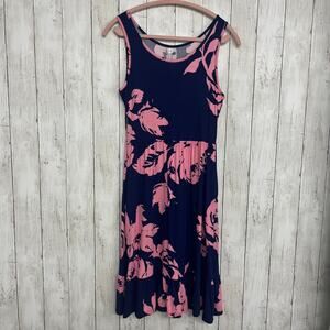Lil Better Navy Pink Floral Rose Sleeveless Pleated Ruffle Hem Tank Dress Small